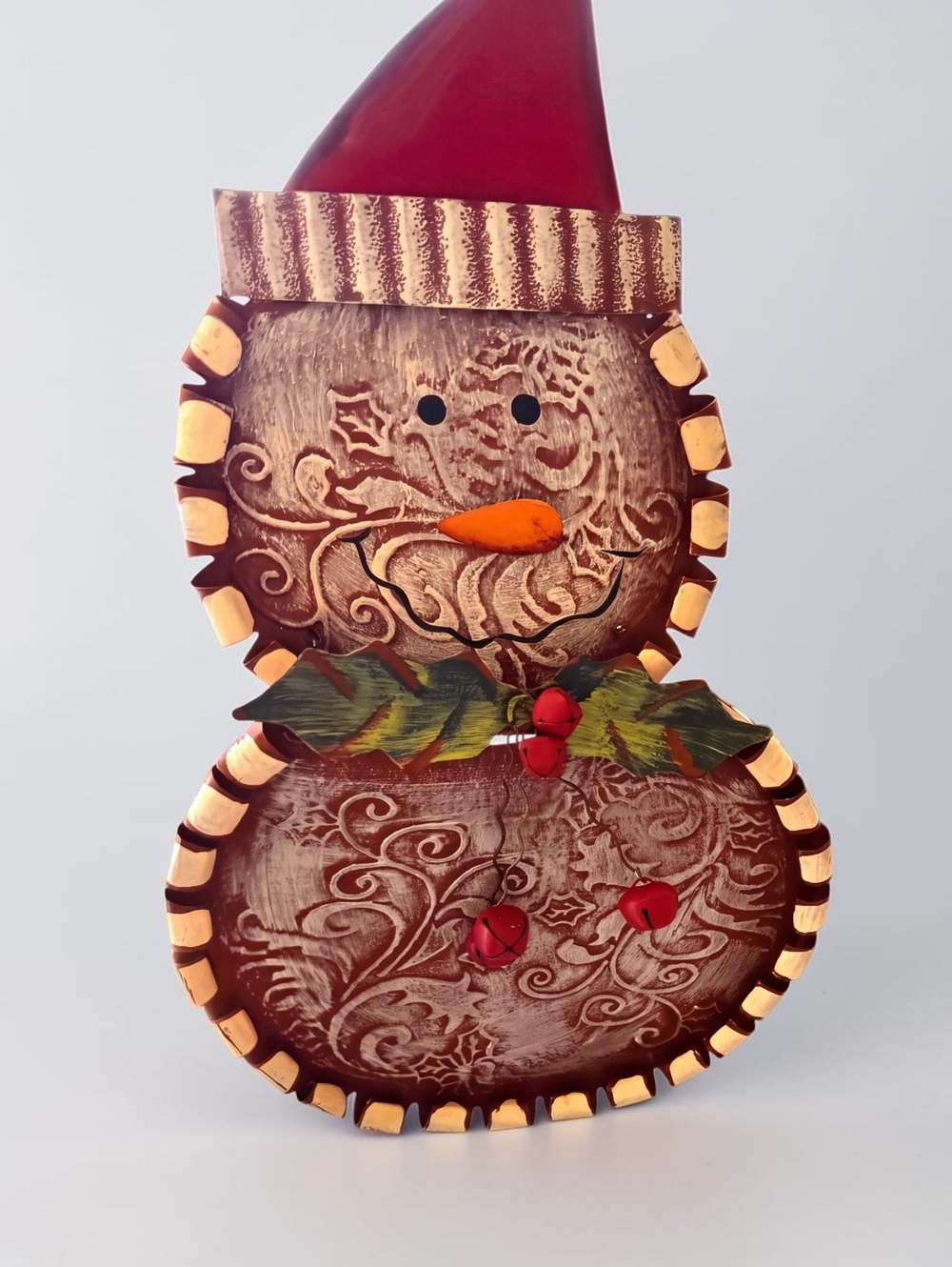 Vintage Metal Snowman Christmas Ornament with Embossed Design and Red Bell